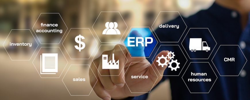 ERP Enterprise Resource Planning.  Planning to manage the organization to be able to use resources efficiently and for maximum benefit. management concept icons on virtual screen.